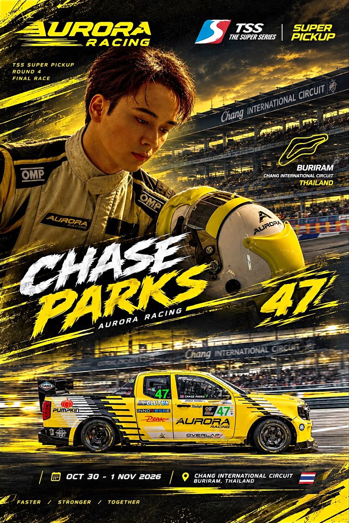 Aurora Racing poster: driver Chase Parks and the yellow number 47 race truck, TSS Super Pickup final race at Chang International Circuit